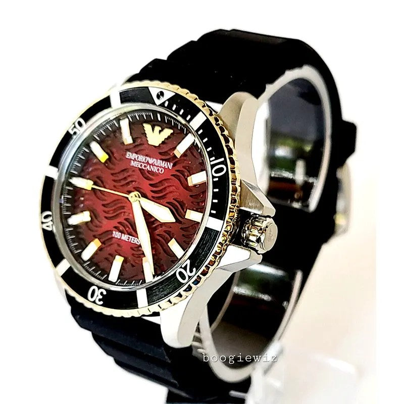 Emporio Armani Meccanico Automatic Red Dial Black Silicon Strap Watch For Men - AR60070