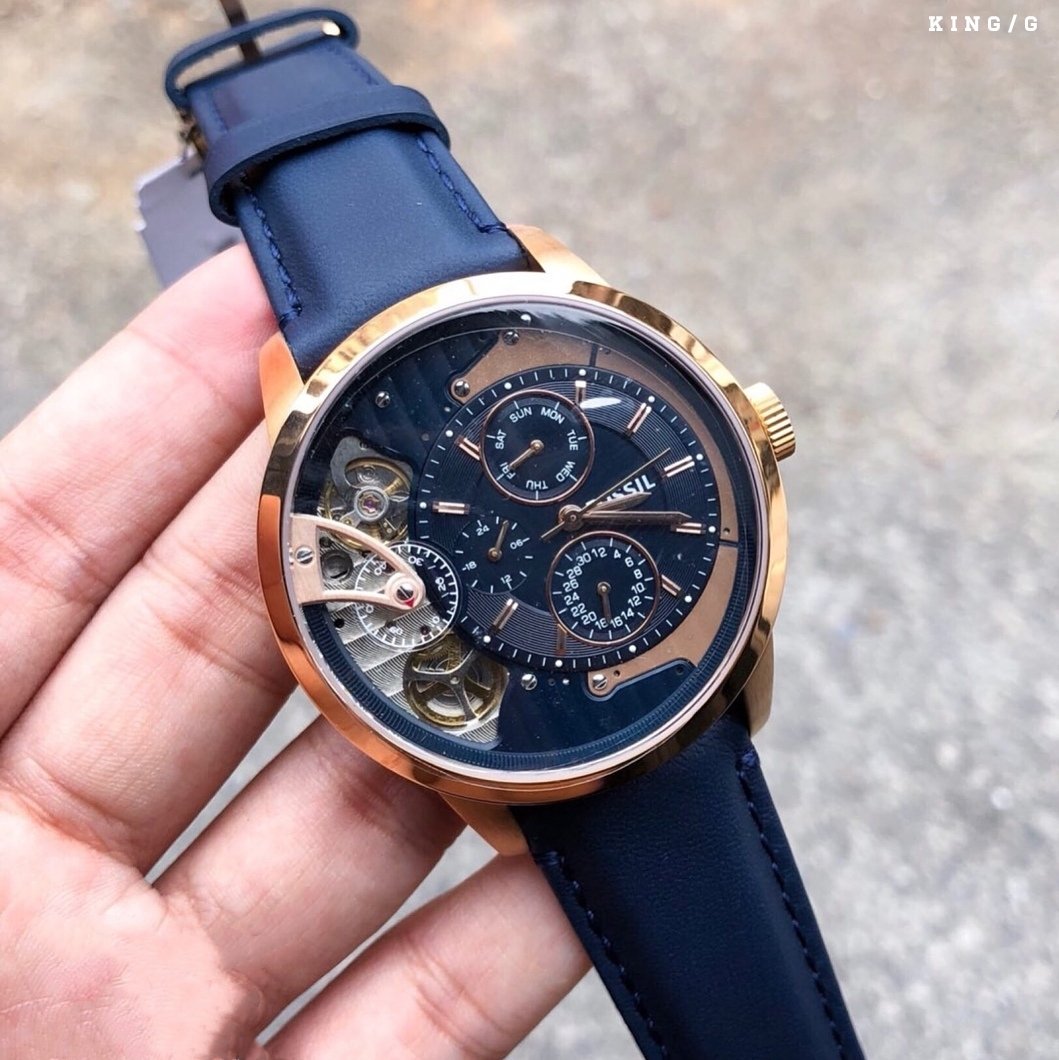 Fossil Townsman Twist Skeleton Blue Dial Blue Leather Strap Watch for Men -  ME1138