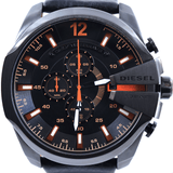 Diesel Mega Chief Chronograph Black Dial Black Leather Strap Watch For Men - DZ4291