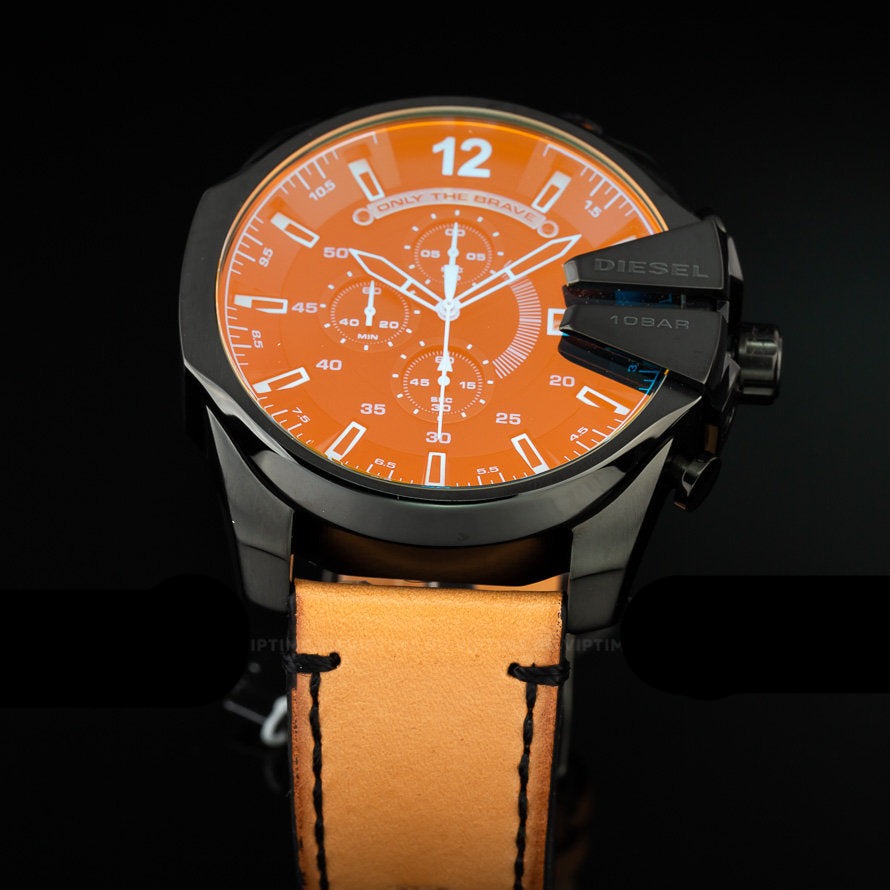 Diesel Mega Chief Chronograph Black Dial Brown Leather Strap Watch For Men - DZ4476