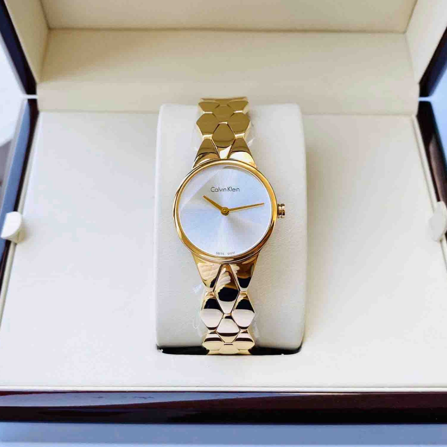 Calvin Klein Snake Silver Dial Yellow Gold Steel Strap Watch For Women - K6E23546