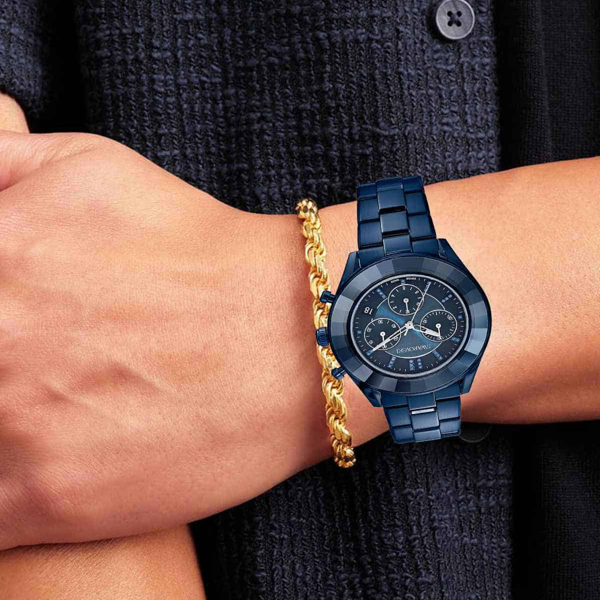 Swarovski Octea Lux Sport Chronograph Blue Dial Blue Steel Strap Watch for Women - 5610475