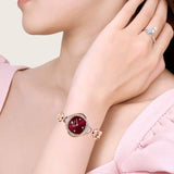 Swarovski Crystal Flower Red Dial Rose Gold Steel Strap Watch for Women - 5552783