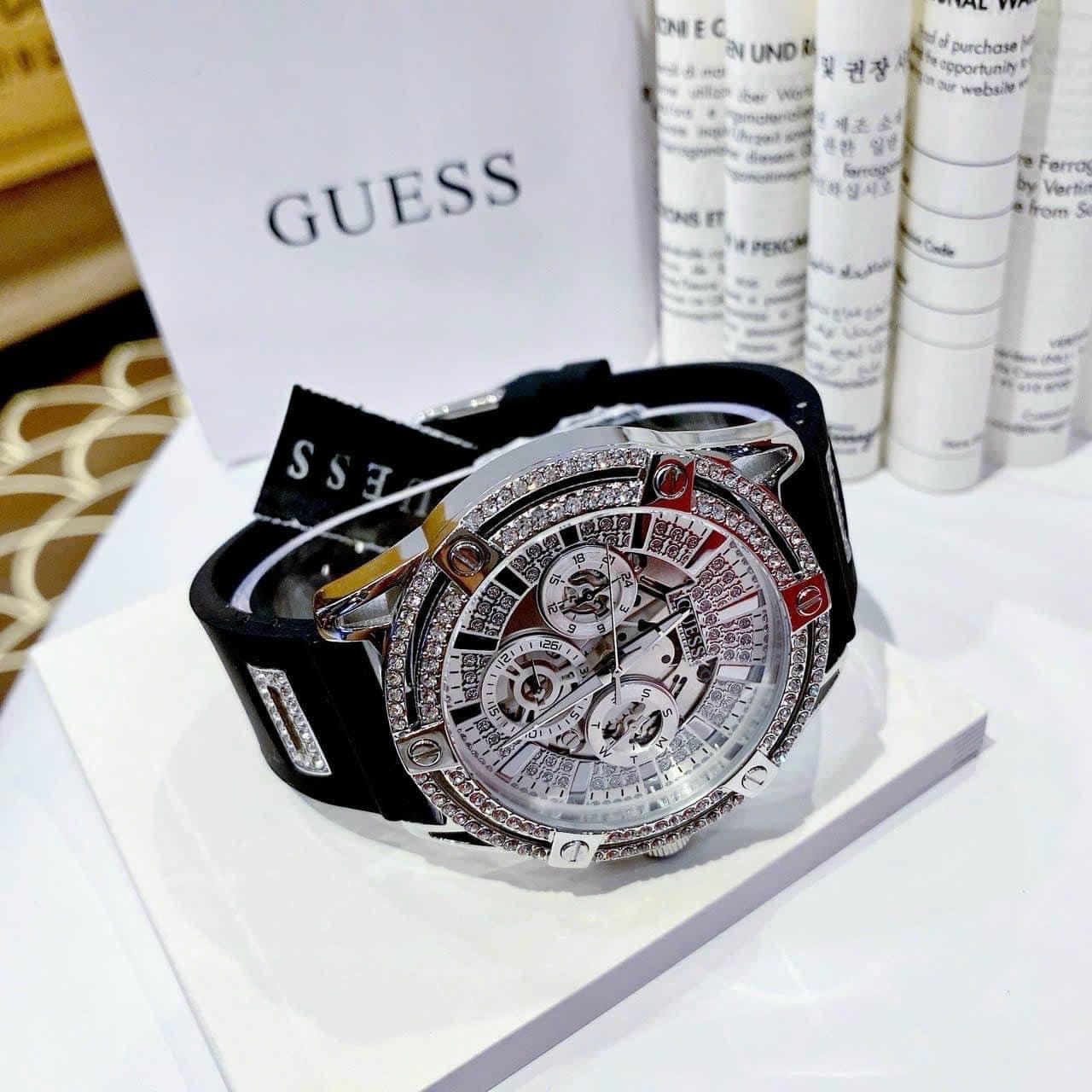 Guess King Quartz Crystals Silver Dial Black Silicone Strap Watch For Men - GW0537G1