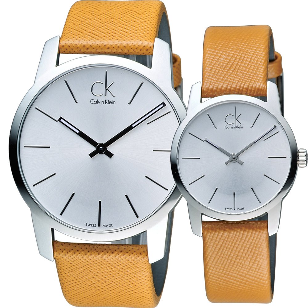 Calvin Klein City Silver Dial Light Brown Leather Strap Watch For Women- K2G23120