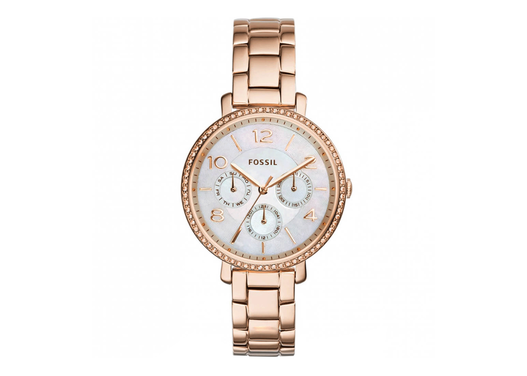 Fossil Jacqueline Multi Function Mother of Pearl Dial Rose Gold Steel Strap Watch for Women - ES3757