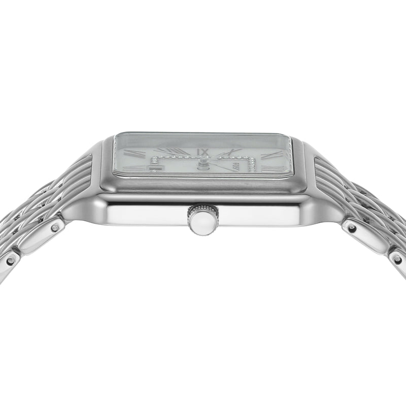 Fossil Raquel Three Hand Date Mother of Pearl Dial Silver Steel Strap Watch for Women - ES5306