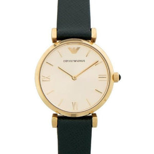 Emporio Armani Retro Champagne Beige Dial Green Leather Strap Watch For Women - AR1726