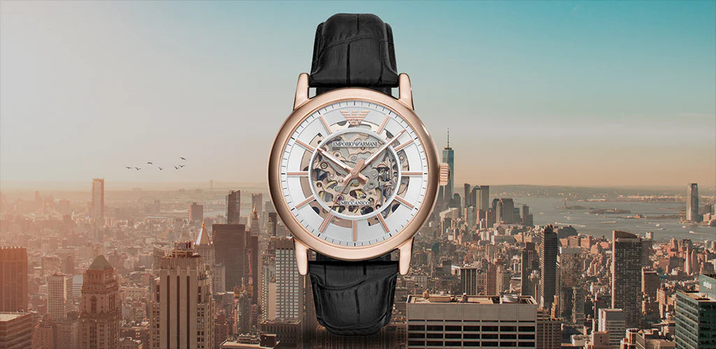 Emporio Armani Luigi Skeleton Silver Dial Black Leather Strap Watch For Men - AR60007