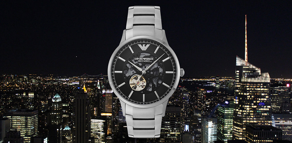 Emporio Armani Meccanico Automatic Black Dial Silver Steel Strap Watch For Men - AR60055