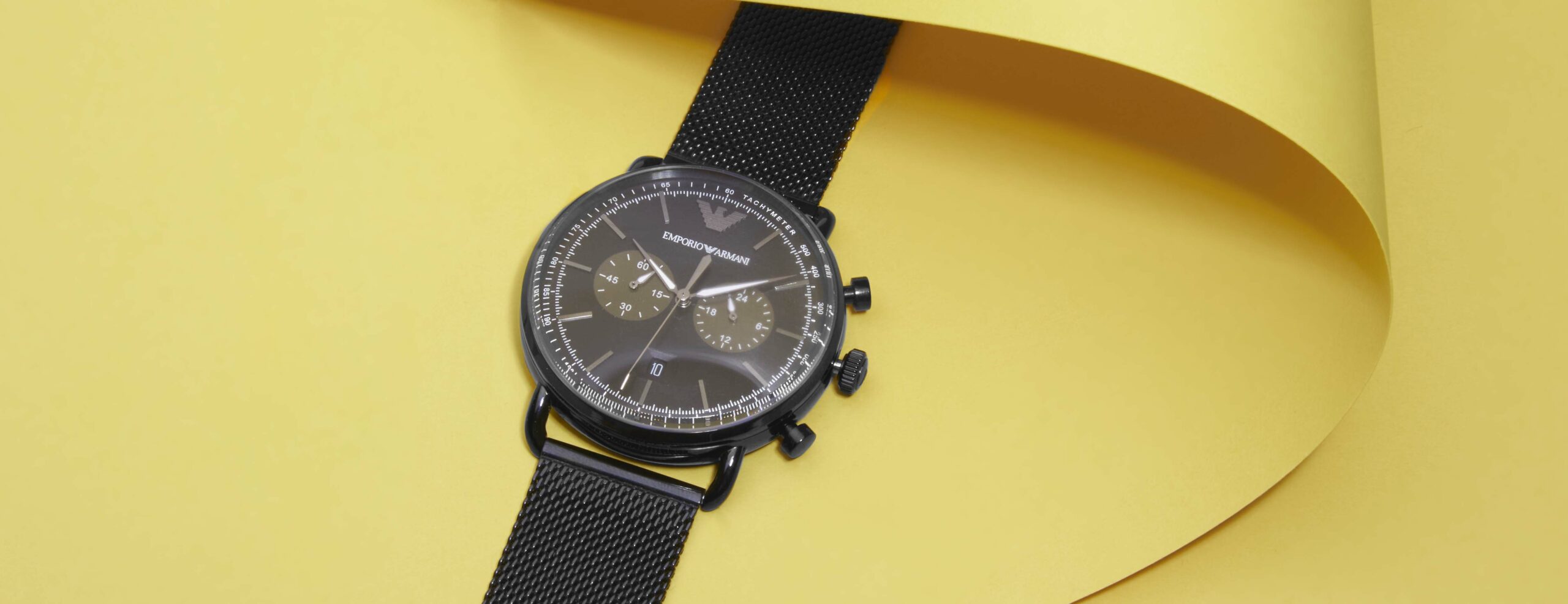 Emporio Armani Aviator Chronograph Black Dial Black Mesh Bracelet Watch For Men - AR11264