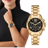 Michael Kors Bradshaw Chronograph Black Dial Gold Steel Strap Watch For Women - MK6959