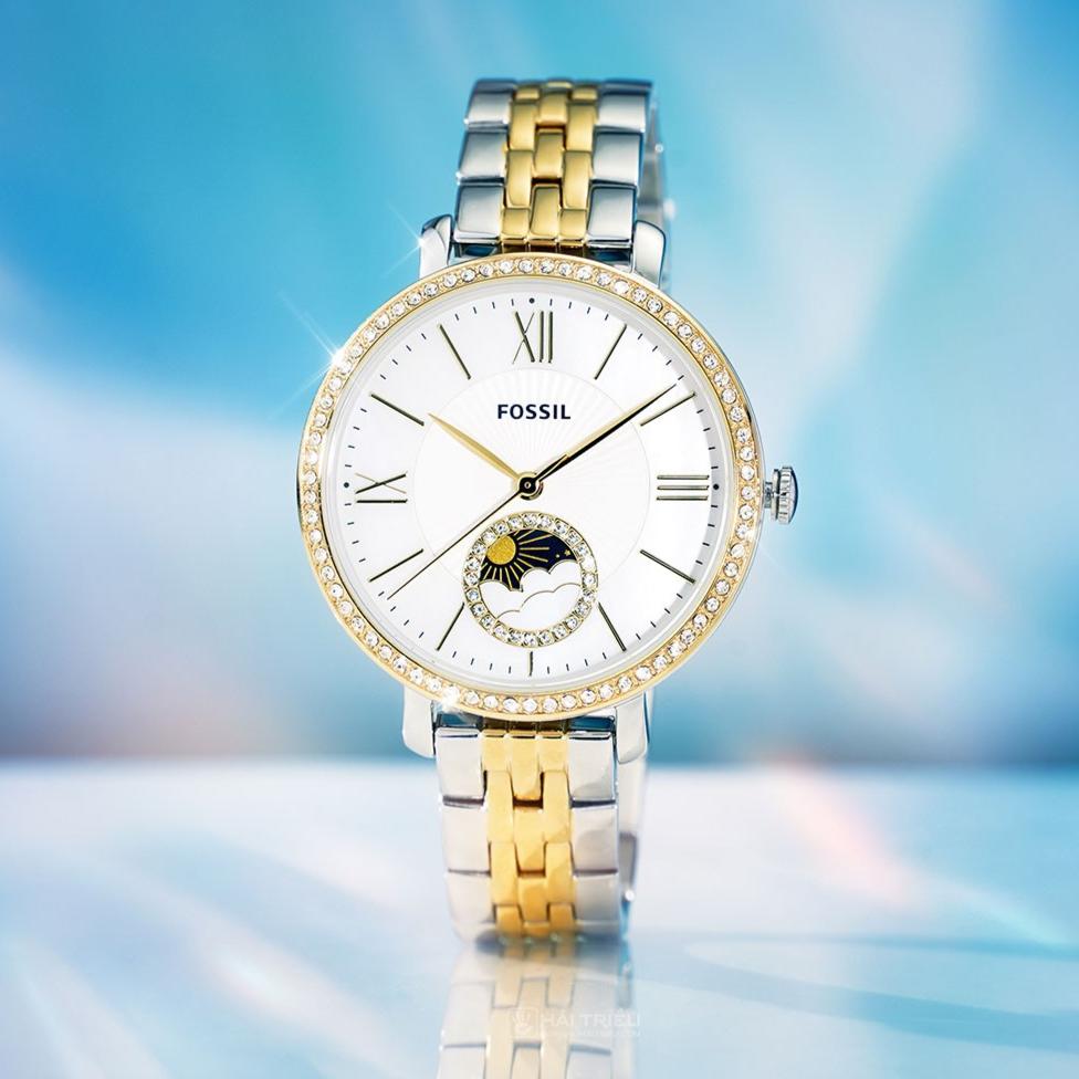 Fossil Jacqueline Analog Moonphase Mother of Pearl White Dial Two Tone Steel Strap Watch for Women - ES5166