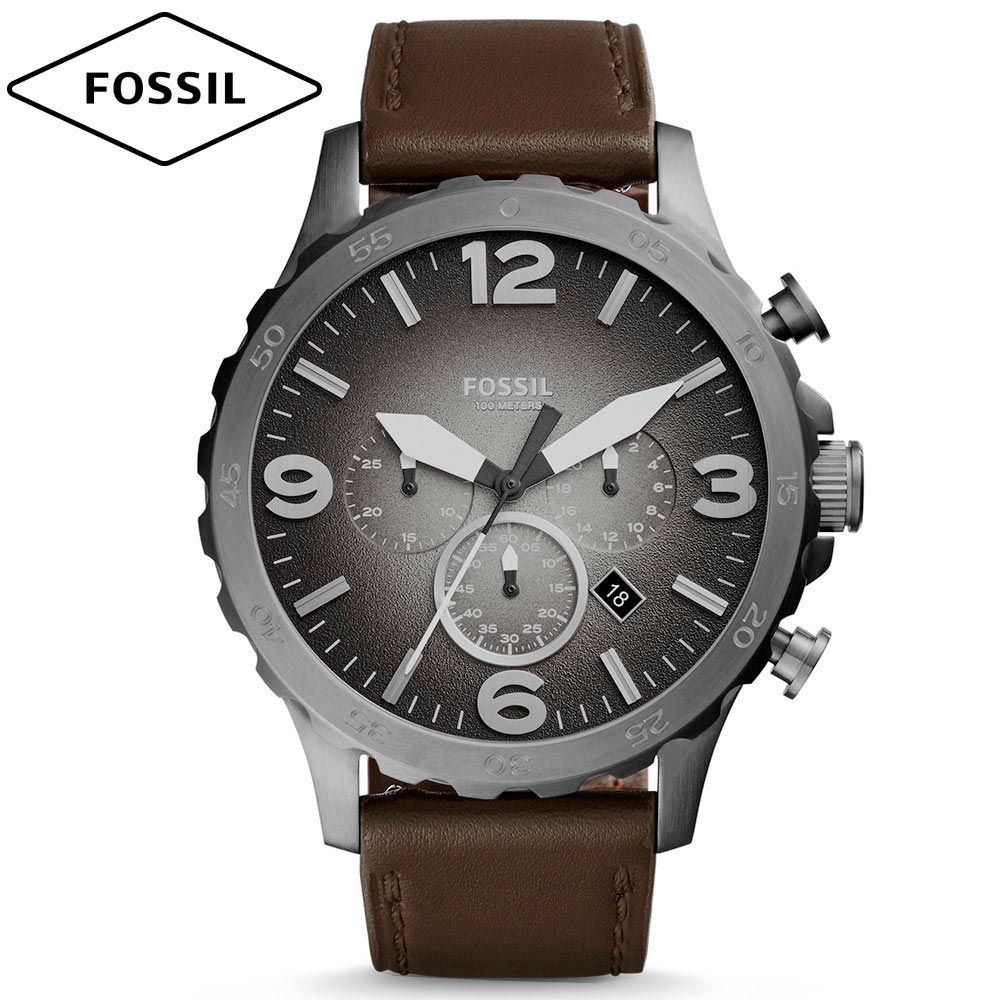 Fossil Nate Chronograph Grey Dial Brown Leather Strap Watch for Men - JR1424