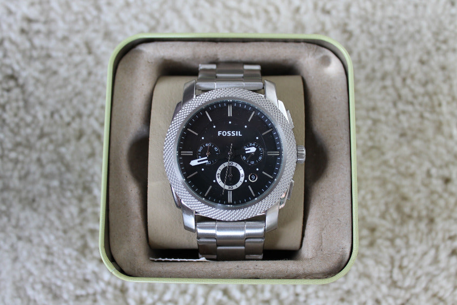 Fossil Machine Chronograph Black Dial Silver Steel Strap Watch for Men - FS4776