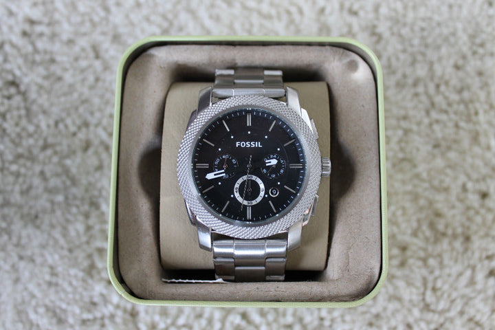 Fossil Machine Chronograph Black Dial Silver Steel Strap Watch for Men - FS4776