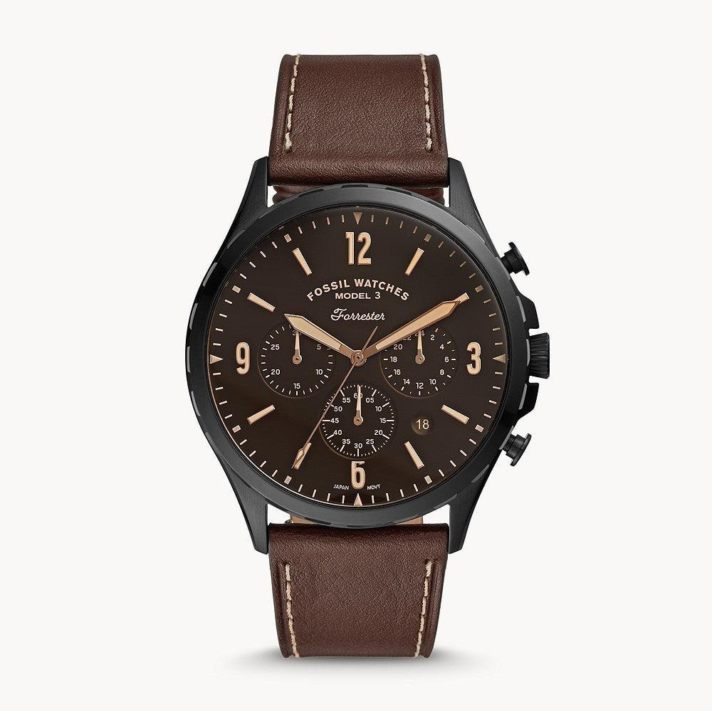 Fossil Forrester Chronograph Black Dial Brown Leather Strap Watch for Men - FS5608