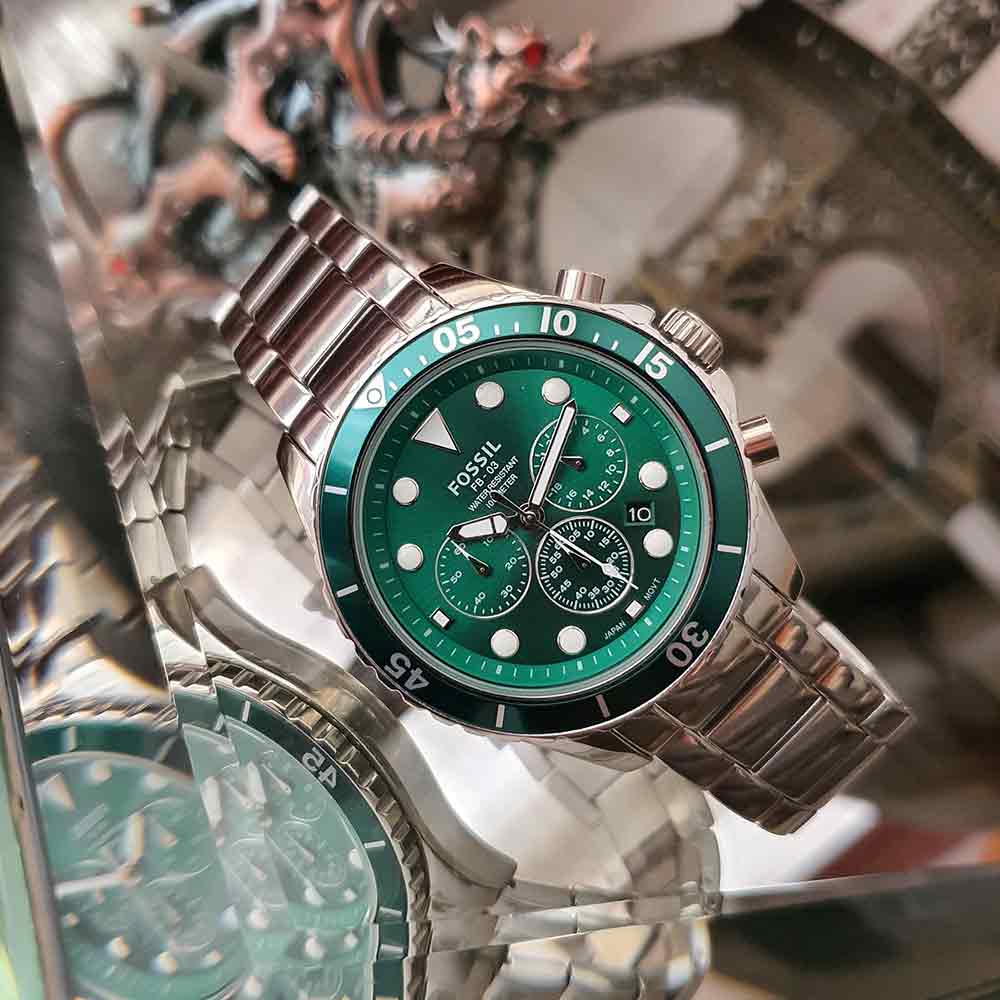 Fossil FB-03 Chronograph Green Dial Silver Steel Strap Watch for Men - FS5726