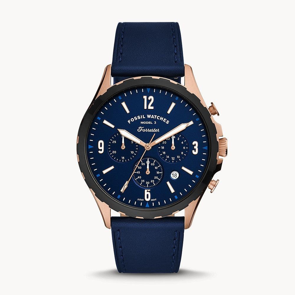 Fossil Forrester Chronograph Blue Dial Blue Leather Strap Watch for Men - FS5814