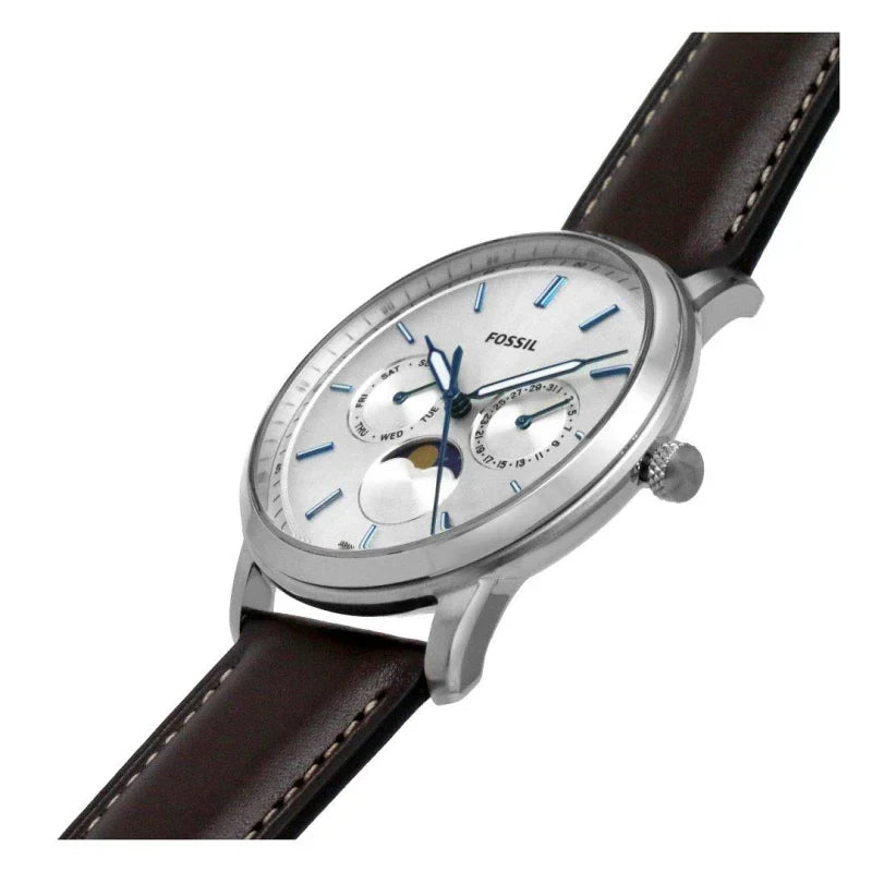 Fossil Neutra Minimalist Moonphase Silver Dial Brown Leather Strap Watch for Men - FS5905