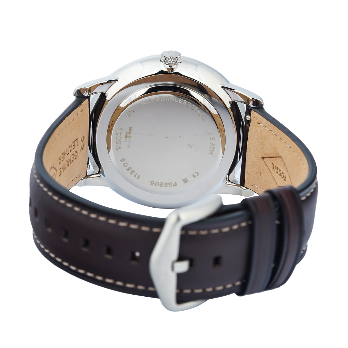 Fossil Neutra Minimalist Moonphase Silver Dial Brown Leather Strap Watch for Men - FS5905