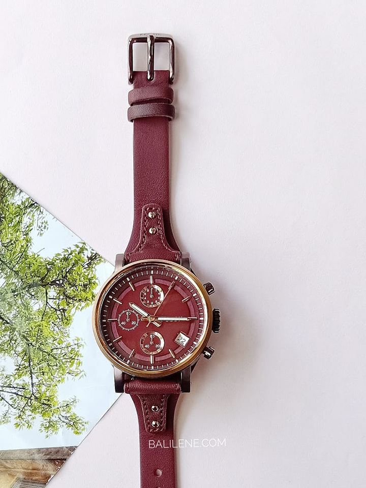 Fossil Original Boyfriend Sport Chronograph Maroon Dial Maroon Leather Strap Watch for Women - ES4114