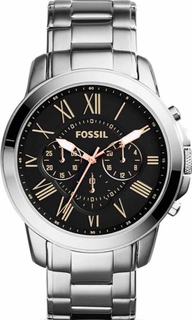 Fossil Grant Chronograph Black Dial Silver Steel Strap Watch for Men - FS4994