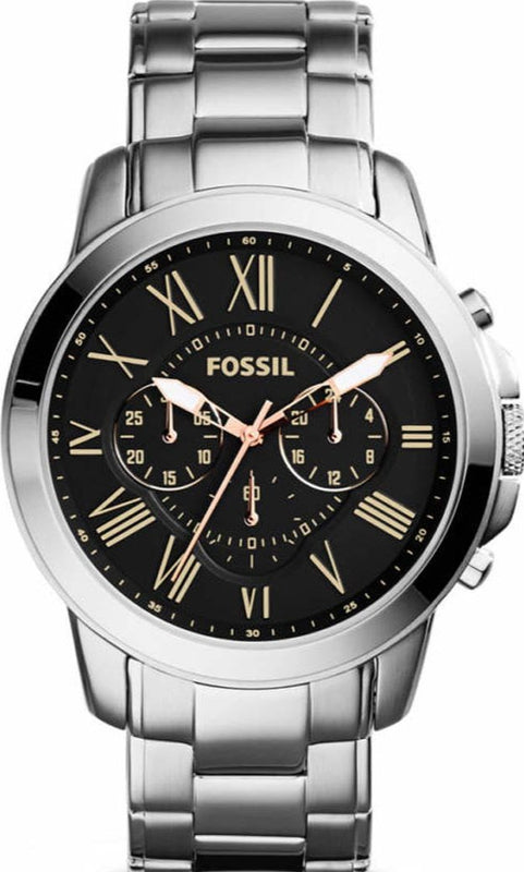 Fossil Grant Chronograph Black Dial Silver Steel Strap Watch for Men - FS4994