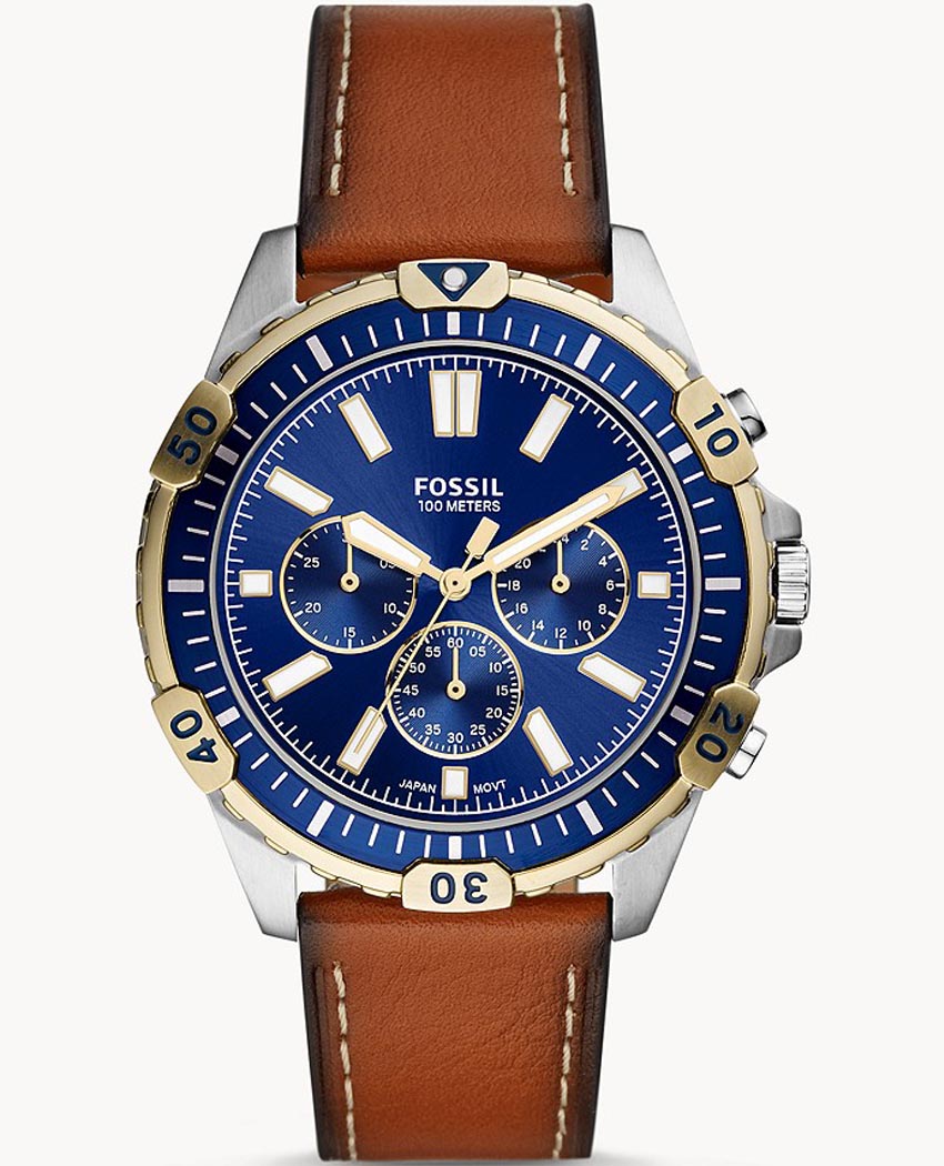 Fossil Garrett Chronograph Blue Dial Brown Leather Strap Watch for Men - FS5625