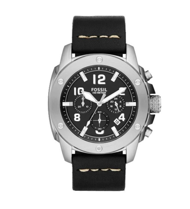 Fossil Modern Machine Chronograph Black Dial Black Leather Strap Watch for Men - FS4928