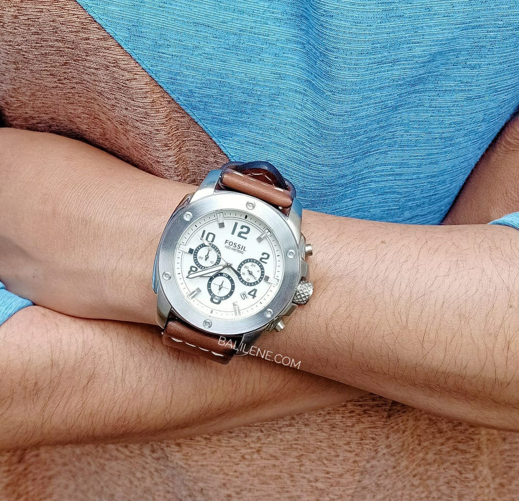 Fossil Modern Machine White Dial Brown Leather Strap Watch for Men - FS4929