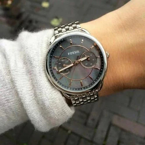 Fossil Tailor Mother of Pearl Black Dial Silver Steel Strap Watch for Women - ES3911