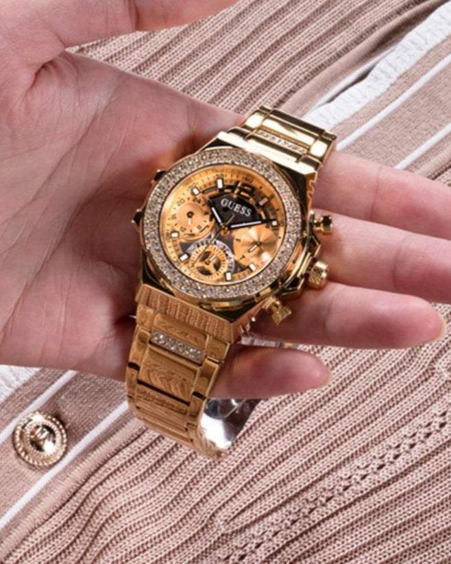 Guess Fusion Chronograph Gold Dial Gold Steel Strap Watch for Women - GW0552L2
