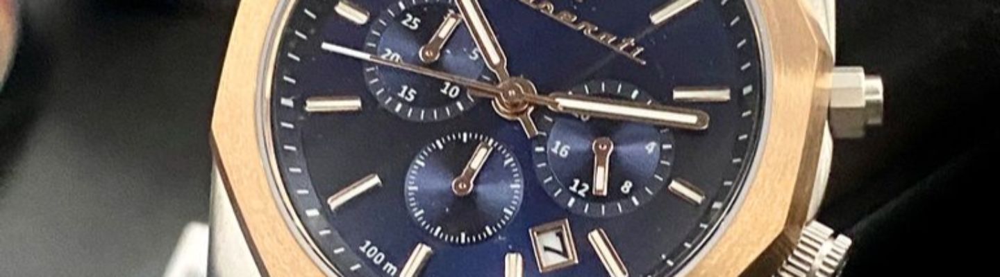 Maserati Stile Chronograph Blue Dial Rose Gold Two Tone Strap Watch For Men - R8873642002