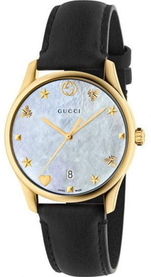 Gucci G-Timeless Mother of Pearl Dial Black Leather Strap Watch For Women - YA126589