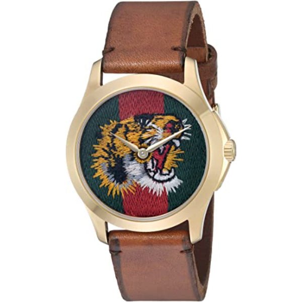Gucci Le Marche Des Merveilles Red & Green Dial Brown Leather Strap Unisex Watch - YA126497