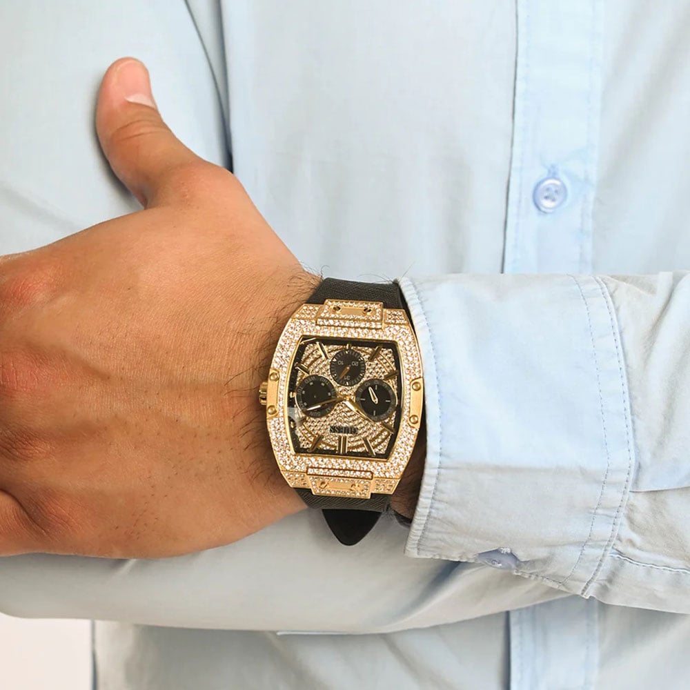 Guess Phoenix Multifunction Crystals Gold Dial Black Silicone Strap Watch For Men - GW0048G2