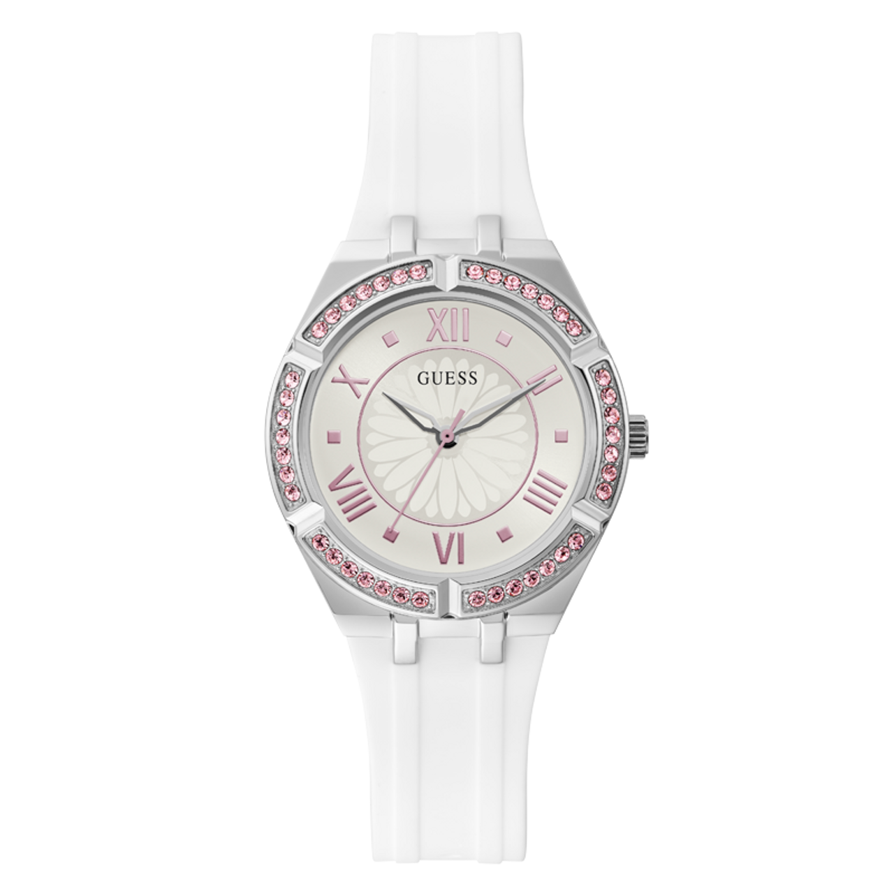 Guess Sparkling Silver Dial White Rubber Strap Watch For Women - GW0032L1