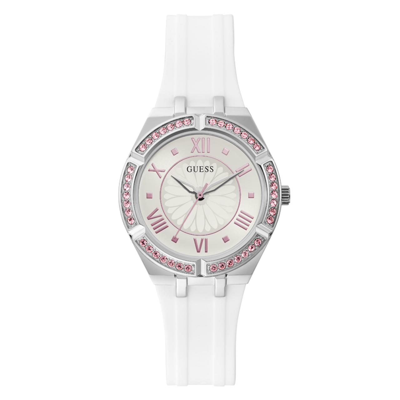 Guess Sparkling Silver Dial White Rubber Strap Watch For Women - GW0032L1