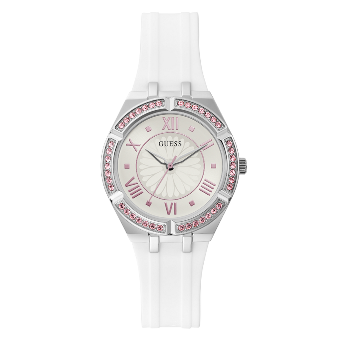 Guess Sparkling Silver Dial White Rubber Strap Watch For Women - GW0032L1