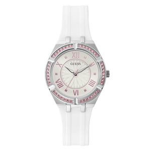 Guess Sparkling Silver Dial White Rubber Strap Watch For Women - GW0032L1