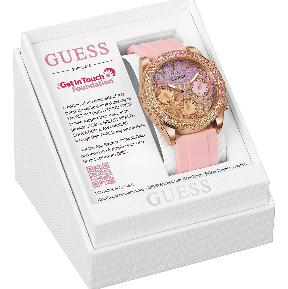 Guess Sparkling Chronograph Crystals Pink Dial Pink Silicone Strap Watch For Women - GW0032L4