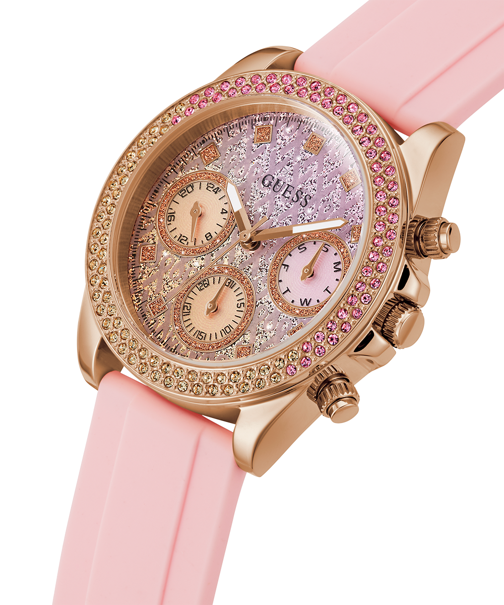 Guess Sparkling Chronograph Crystals Pink Dial Pink Silicone Strap Watch For Women - GW0032L4