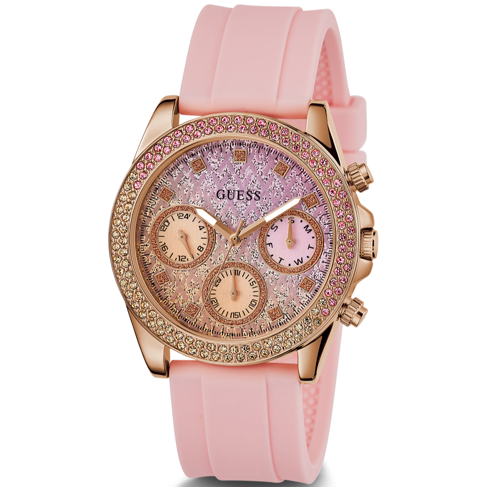 Guess Sparkling Chronograph Crystals Pink Dial Pink Silicone Strap Watch For Women - GW0032L4