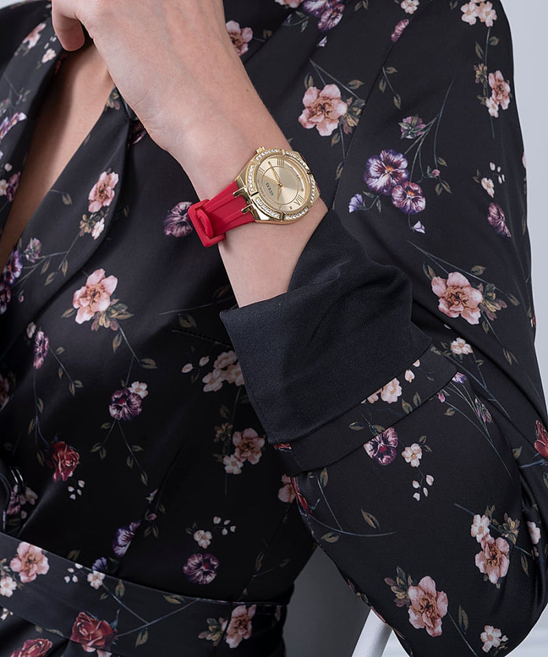 Guess Cosmo Diamonds Gold Dial Red Rubber Strap Watch for Women - GW0034L6