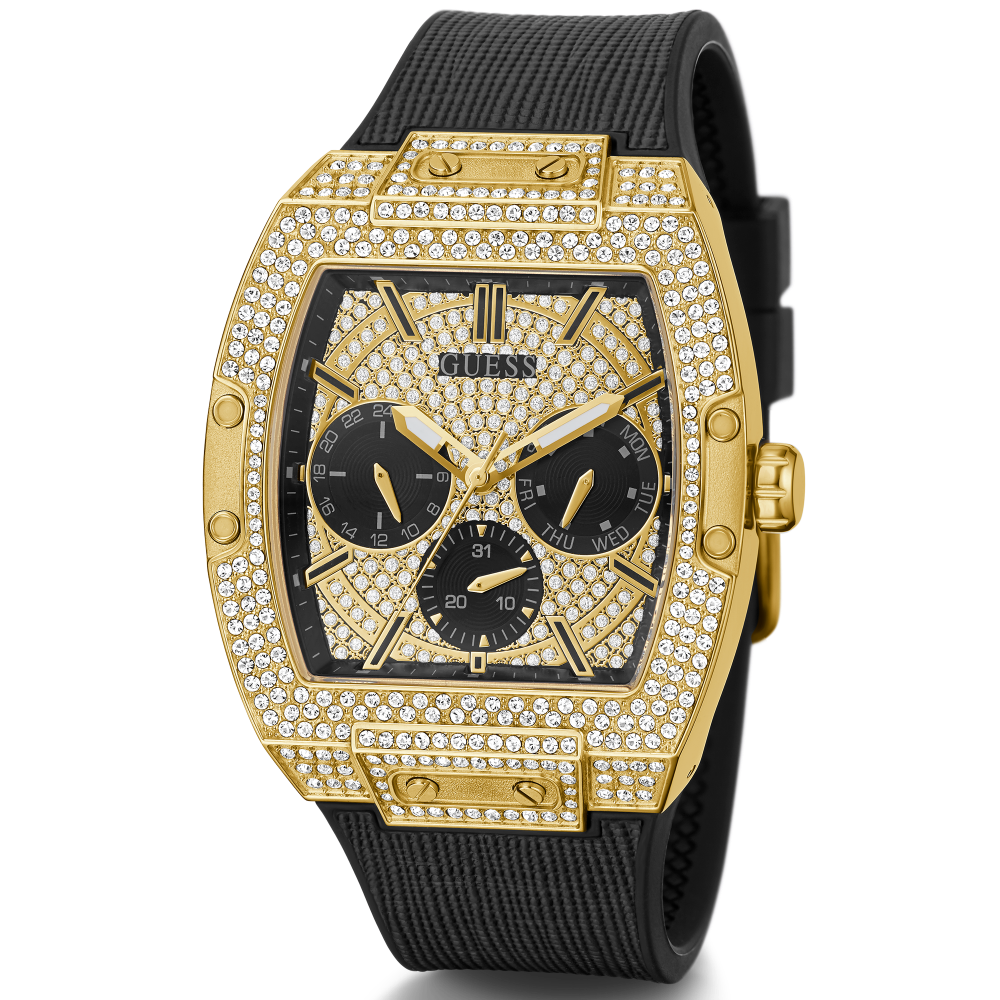 Guess Phoenix Multifunction Crystals Gold Dial Black Silicone Strap Watch For Men - GW0048G2