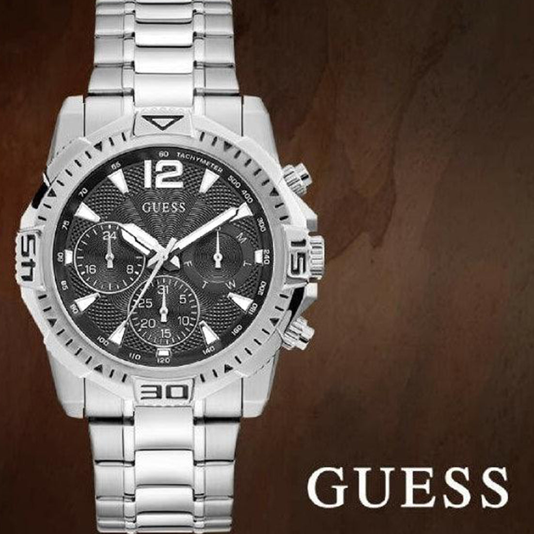 Guess Commander Chronograph Black Dial Silver Steel Strap Watch for Men - GW0056G1