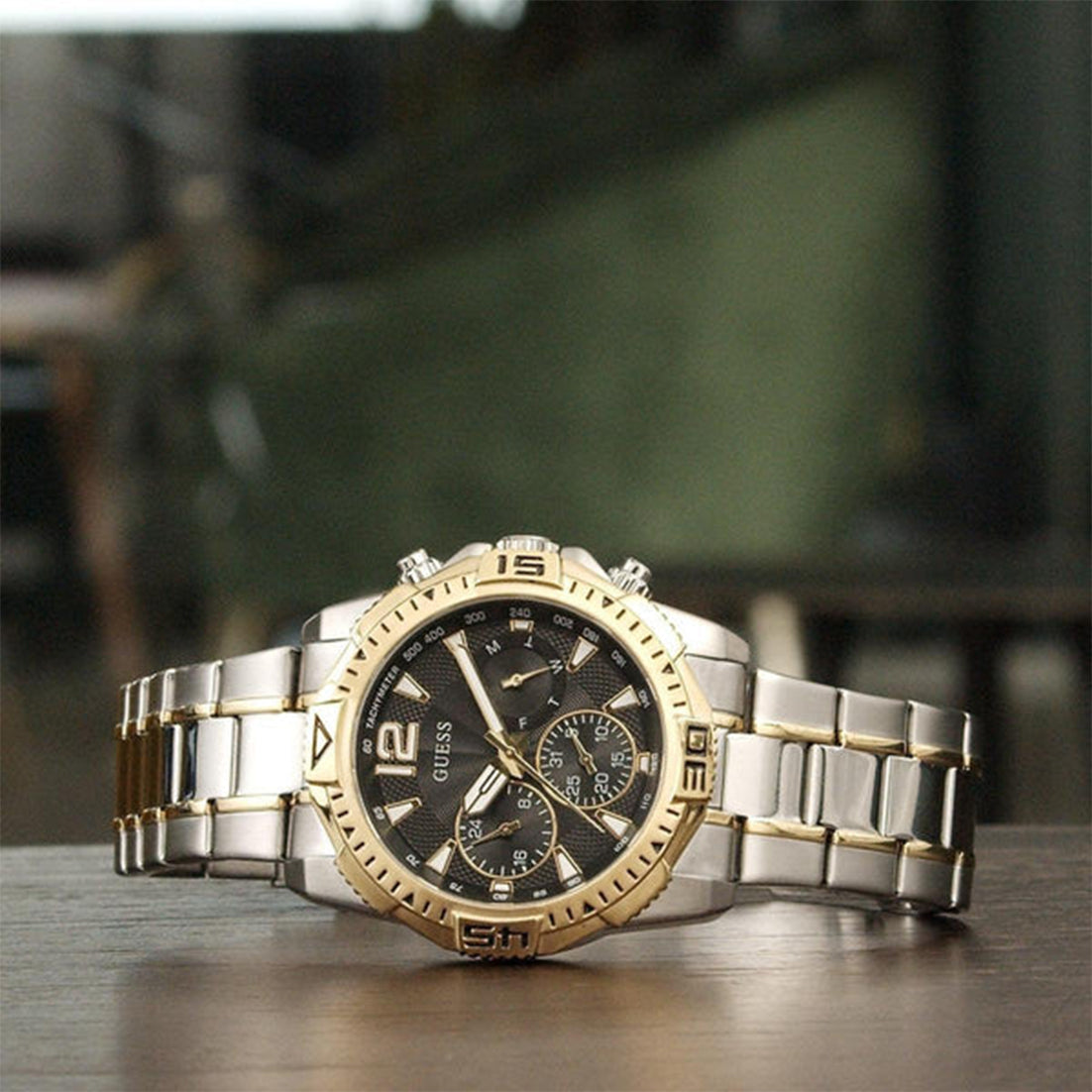 Guess Commander Chronograph Black Dial Two Tone Steel Strap Watch for Men - GW0056G4