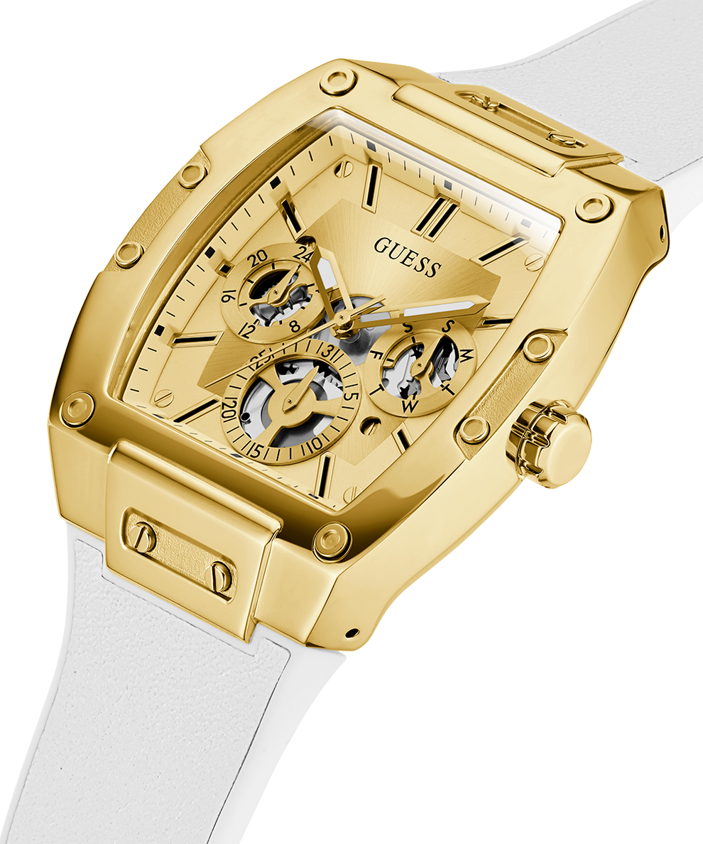 Guess Phoenix Multifunction Gold Dial White Leather Strap Watch for Men - GW0202G6