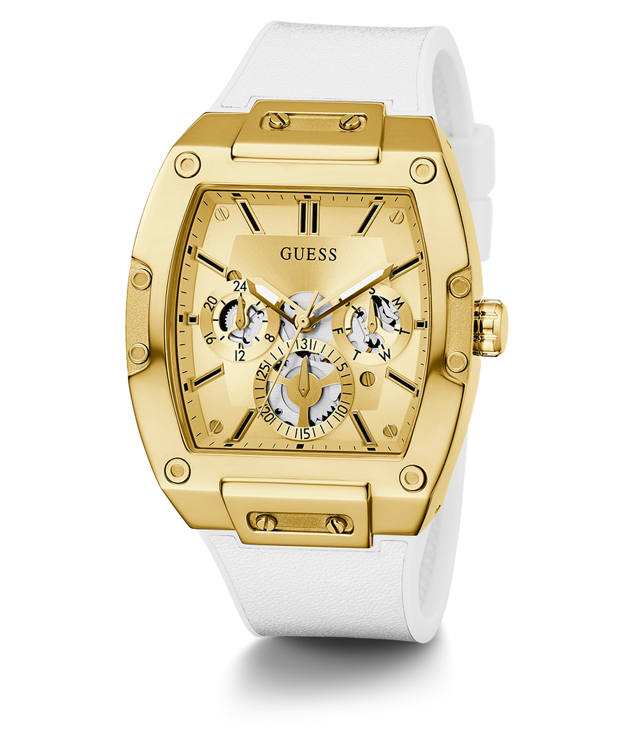 Guess Phoenix Multifunction Gold Dial White Leather Strap Watch for Men - GW0202G6